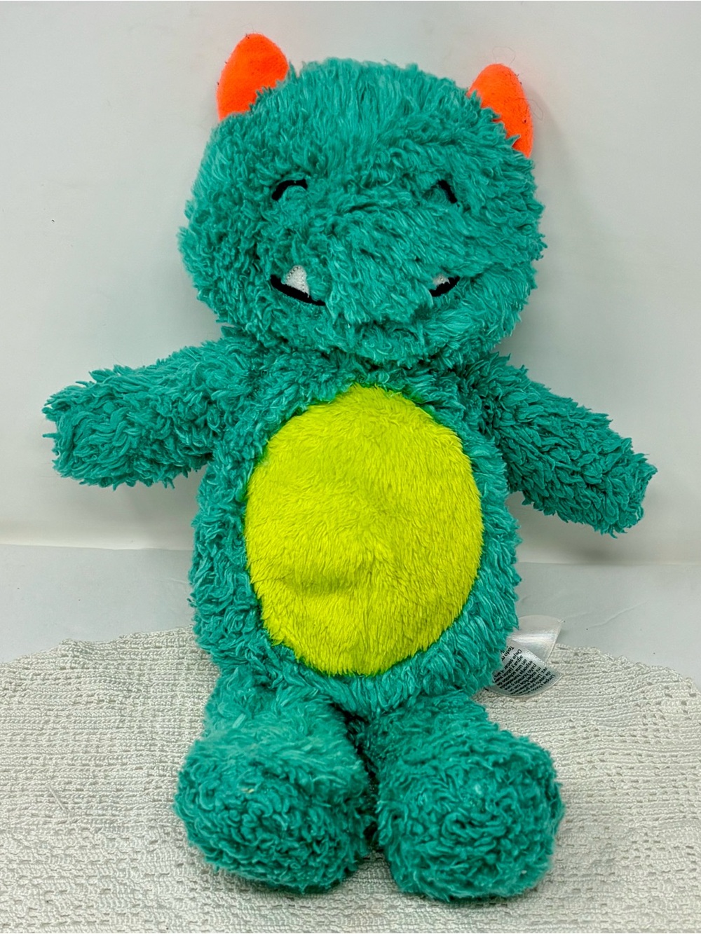 Carters 2016 Retired Teal Shaggy Monster Plush Lovey Yellow Belly Orange Horns